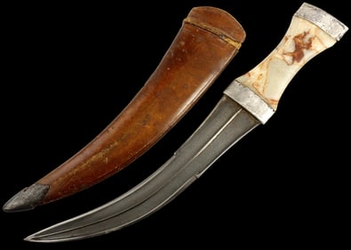 Rare 18th C. Islamic Persian KHANJAR Dagger with Silver Mounted Agate Stone Grip & Very Fine Black