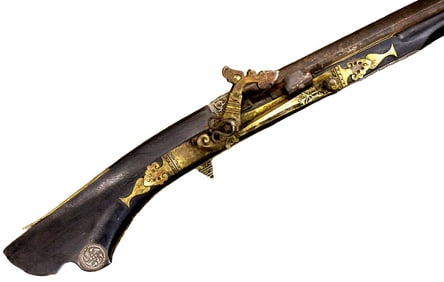 Rare Late 18th to 19th C. Asian Malaysian Malay PADRI or SATINGAR Matchlock Musket in Fine Silver &