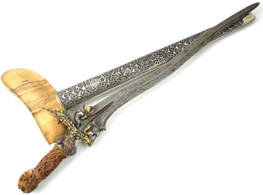 Fine Quality Antique Indonesian KERIS (KRIS) Dagger with Ornate Silver Scabbard with Royal Crest,