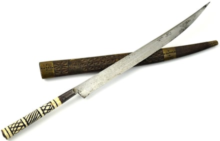 Antique North African Tribal Knife Dagger with Carved Bone Grip & Brass Mounted Carved Wood