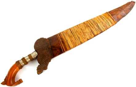 Good Antique Philippine Moro Chieftain's BARONG Sword Dagger with Silver Grip Rings & Nice Carved