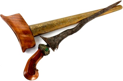 Nice Antique Asian Indonesian KERIS (KRIS) Dagger with Emerald Color Stones Jeweled Grip & Dramatic