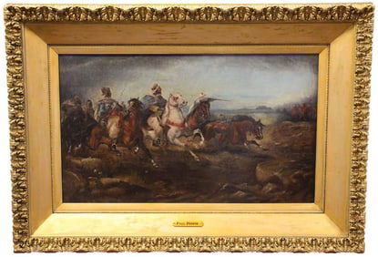 Impressive Large Antique Oil on Canvas Battle Scene Painting by American Paul Powis of Arab Arabic