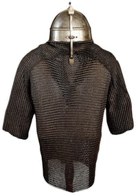 RARE 19th C. ISLAMIC ARABIC ARAB WARRIOR'S CHAINMAIL ARMOR SHIRT & STEEL HELMET WITH LONG ORIGINAL