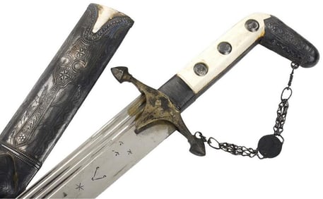 Very Good Antique Islamic Arabic Arab Warrior's SAIF Shamshir Sword in Fine Silver Mounts, Dated