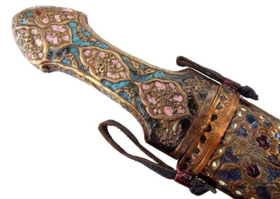 FINE LARGE ISLAMIC TURKISH ENAMEL ON COPPER GOLD INLAID ''QAMA'' DAGGER SWORD. MOST LIKELY WOOTZ