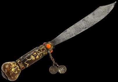 Fine Quality 18th-19th C, Islamic Ottoman Turkish Knife Dagger with Gold Inlaid Stone Grip, Ruby &