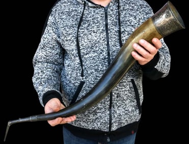 Huge 19th C. Russian Caucasian Presentation Wine Drinking Bull Horn in Niello Silver Mounts with