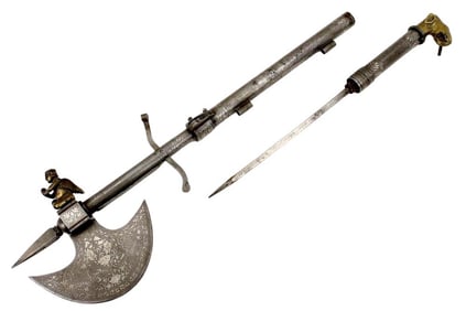 Rare 18th-19th C. Mughal Indian 3-in-1 Weapon ~ a Fighting Tabar Ax with Dagger & Matchlock Pistol.