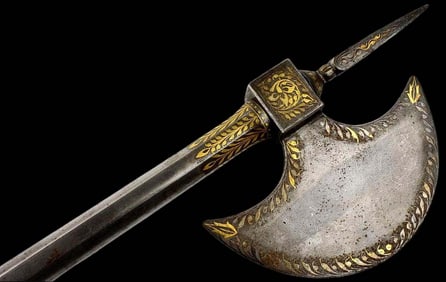 Very Fine 18th-19th C. Mughal Indian or Persian Fighting Axe with Gold Koftgari Inlays. Active Wootz