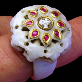 Awesome 17th-18th C. Mughal Indian Noble Person Carved White JADE Ring, Encrusted with Gold, Ruby