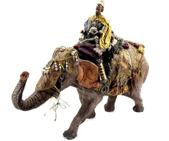 AWESOME LARGE ANTIQUE ISLAMIC ARABIC ARAB PAPIER MACHE WISEMAN ON ELEPHANT FIGURE. HIGHLY DETAILED