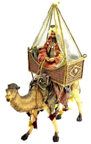 AWESOME LARGE ANTIQUE ISLAMIC ARABIC ARAB PAPIER MACHE WISEMAN ON CAMEL, A HIGHLY DETAILED AND