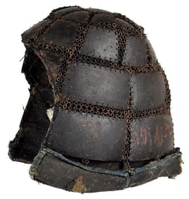 Rare Signed Edo Period Japanese Samurai Battle Helmet of Chain Mail & Thick Iron Plates, Original