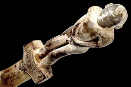 Beautiful Ancient type Chinese Ceremonial Carved Jade Stone Sword with Figural Naked Man Grip. Very