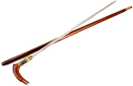 Antique Sword Cane Walking Stick with Carved Bone Mounts, Probably 19th C.