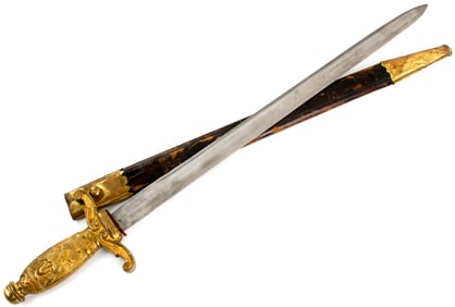 Antique 19th C. French or Italian Sidearm Short Sword with Elaborate Gilt Hilt Depicting Arms &