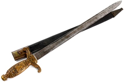 Antique 19th C. French or Italian Sidearm Short Sword with Elaborate Gilt Hilt Depicting Arms &