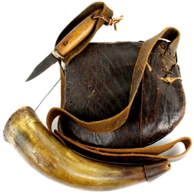 Rare American Reolution era Large Scrimshaw Powder Horn for a Rifle, ID'ed ''JB'' with Hunting