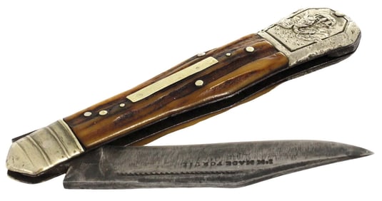 Early English Folding CIPHER Bowie Knife Dagger, Maker Marked, Rare US Patriotic Motifs to German