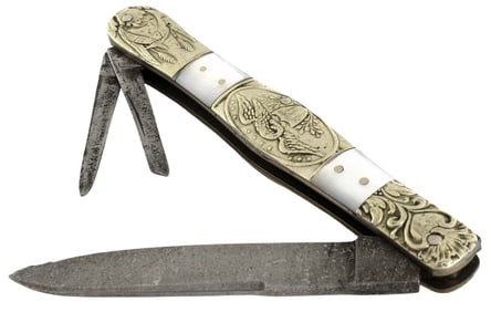 Early English 3-blade Folding Bowie Knife Dagger, Sheffield Maker Marked, Patriotic US Grips with