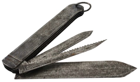 Early Large Folding Bowie Knife Dagger & Tools. Once Blued Steel Grips, Engraved Throughout.
