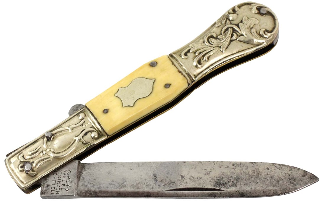 Early English Folding Bowie Knife Dagger by ''SAMUEL ROBINSON, Sheffield''. Fine Grips & German (1 of 16)