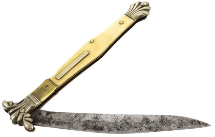 Early English Folding Bowie Knife Dagger of RARE Form, Maker Marked, Fine Grips & German Silver