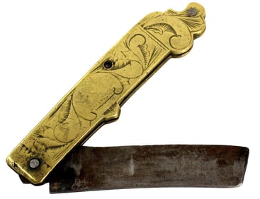 Rare 17th-18th C. Spanish or French NAVAJA Folding Knife, Engraved Brass Grip, Possibly American