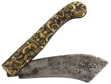 Rare 17th-18th C. Spanish or French NAVAJA Folding Knife, Engraved Brass Grip, Possibly American
