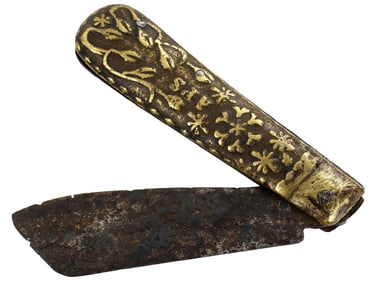 Rare 17th-18th C. Spanish or French NAVAJA Folding Knife, Engraved Brass Grips, Possibly Used in