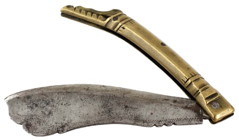 Very Rare 17th-18th C. Spanish or French NAVAJA Trousse Folding Knife & Fork, Engraved Brass Grips,