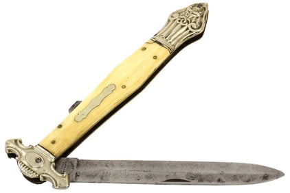 Early English made Folding Dirk Bowie Knife Dagger, Maker Marked, Fine Grips & German Silver Mounts.