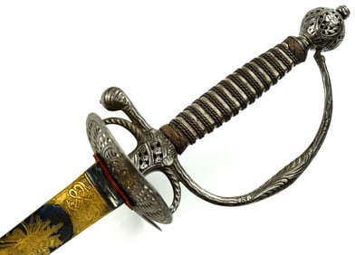 Fine 18th C. American Revolution era French Officer's Rapier Sword with Blued & Gilt Blade, Chiseled