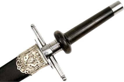 Excellent French 19th C. Plug Bayonet Dagger with Elaborate Devil Face Silver Mounts to Scabbard,