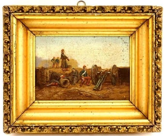 Nice Antique 19th C. Small Oil on Board Painting of French Artillery Soldiers with a Large Cannon.