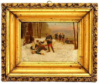 Nice Antique 19th C. Small Oil on Board Painting of French Soldiers with Muskets & Swords Helping