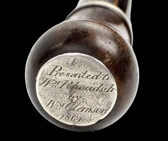 Antique American Civil War 1864 Presentation Walking Cane with Engraved Silver Mounts.