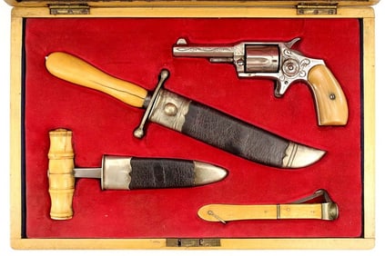 Beautiful English Gambler's Traveling Set with a Revolver Pistol, Bowie Knife, Push Dagger & Cigar