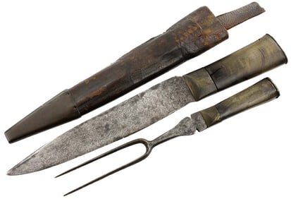 Rare Early Scottish Hunting Dagger Dirk Trousse with Large Fork. Horn Grips, Original Leather