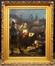 Fabulous Large 1873 American Revolution era Oil on Canvas Painting of a Preacher in front of