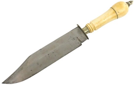 MASSIVE & VERY FINE ENGLISH FIGHTING BOWIE KNIFE WITH SKULL CRASHER POMMEL MOUNT. BEAUTIFUL BROAD