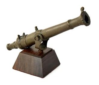 Interesting Antique Indonesian Small Desktop Bronze LANTAKA Signal Cannon on Wooden Stand.