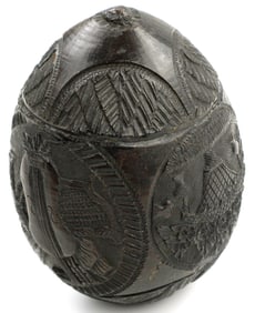 Lovely Carved 18th C. to French Napoleonic era Coconut Powder Flask with Musical & Military Motives.