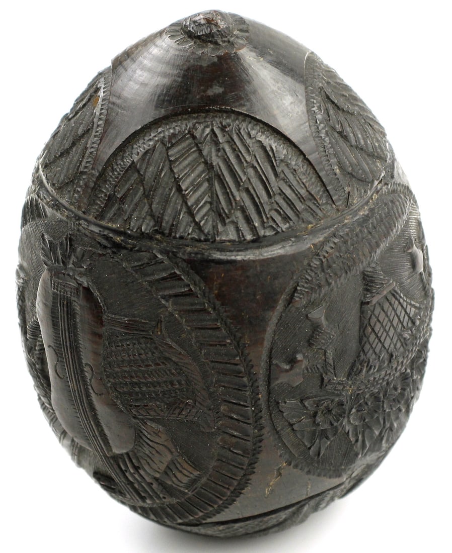Lovely Carved 18th C. to French Napoleonic era Coconut Powder Flask with Musical & Military Motives.: Lovely Carved 18th C. to French Napoleonic era Coconut Powder Flask with Musical & Military Motives. Size Approximately 5 1/2 " x 3 3/4" Detailed condition reports are not included in this catalog. Fo