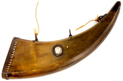 Antique 18th-19th C. Scottish Jeweled Powder Horn Flask with Thistle Flowers Decorations.