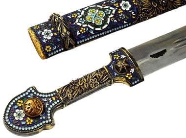 HIGHLY ORNATE FINE QUALITY RUSSIAN SOVIET ERA GILT SILVER & ENAMEL KINJAL DAGGER SWORD, BEAUTIFUL