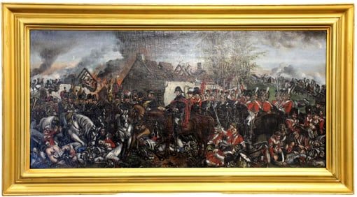 Beautiful LARGE Antique Oil on Canvas Painting of French First Empire Napoleon Bonaparte 1815 Battle