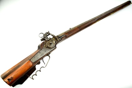 Good 17th C. German Military Wheellock Rifle Musket, Large Steel Lock Engraved & Maker Marked, Dark