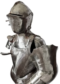 Fantastic and Rare Antique German or Italian 3/4 Suit of Jousting Armor & Closed Helmet on a Wooden